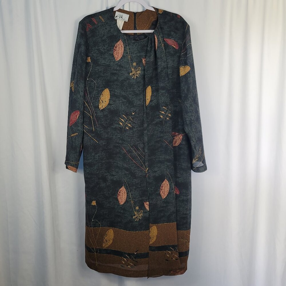 Vintage Willi of California Dress Size 16 Gray, Beige & Red Foliage Print